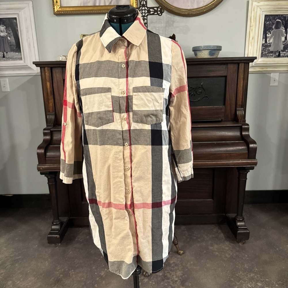 VICI Plaid Button Down‎ Shirt Dress Casual Long Sleeve Beige Women Large Red